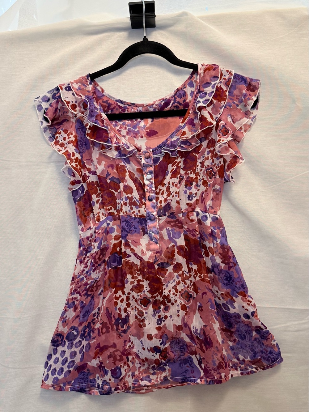 Sheer Floral Ruffle Cap-Sleeve Babydoll Top